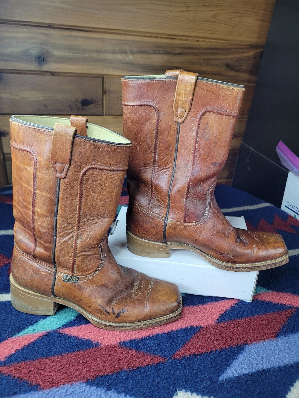 Vintage Wrangler 5574 Square Toe Boots Mens 10.5 EE Brown Leather Cowboy USA
